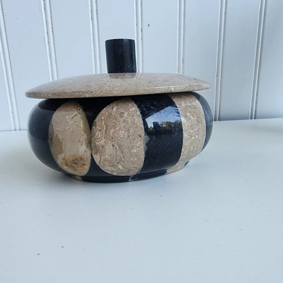 Unique Black & Brown Stone Checker Bowl Lid In Marble & Onyx 4.5” - Picture 7 of 10
